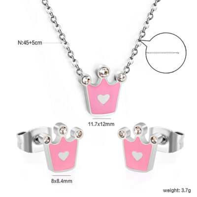 Pink Crown Enamel Jewelry Set