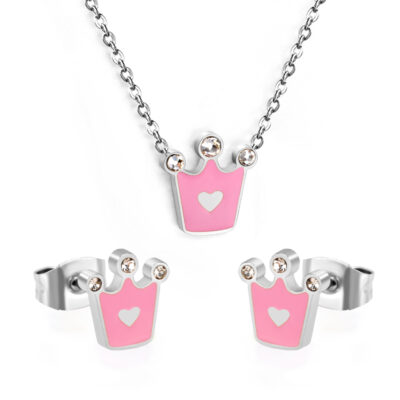 Pink Crown Enamel Jewelry Set