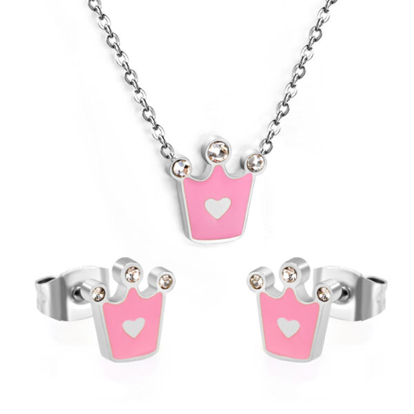 Pink Crown Enamel Jewelry Set