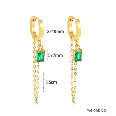 Green Stone Chain Drop Huggie Earrings