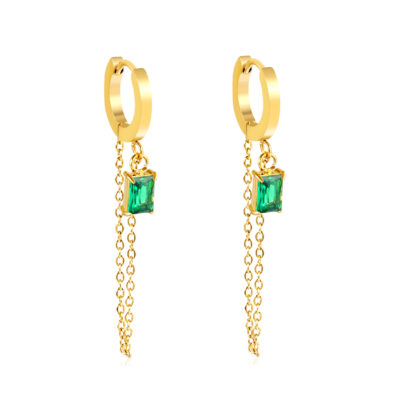 Green Stone Chain Drop Huggie Earrings