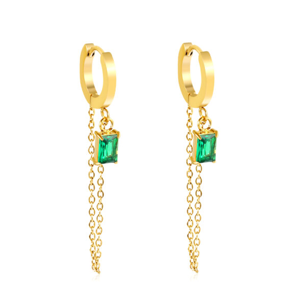 Green Stone Chain Drop Huggie Earrings