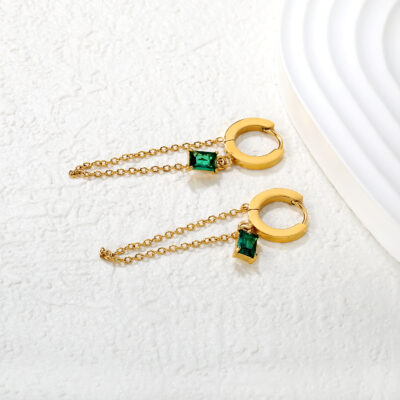Green Stone Chain Drop Huggie Earrings