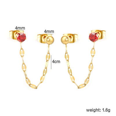Gold & Red Ball Chain Stud Earrings
