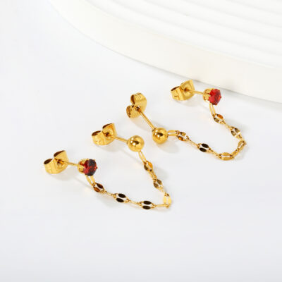 Gold & Red Ball Chain Stud Earrings