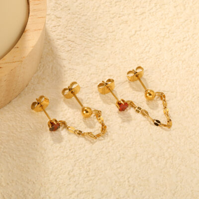 Gold & Red Ball Chain Stud Earrings
