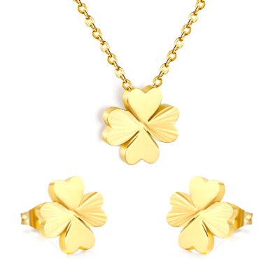 2P2A8216 Gold Four Leaf Clover Jewelry Set