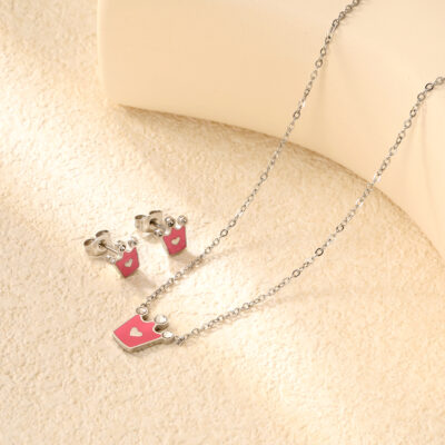 Pink Crown Enamel Jewelry Set
