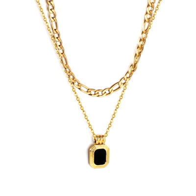 Layered Black Square Pendant Necklace