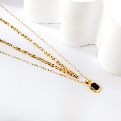 Layered Black Square Pendant Necklace